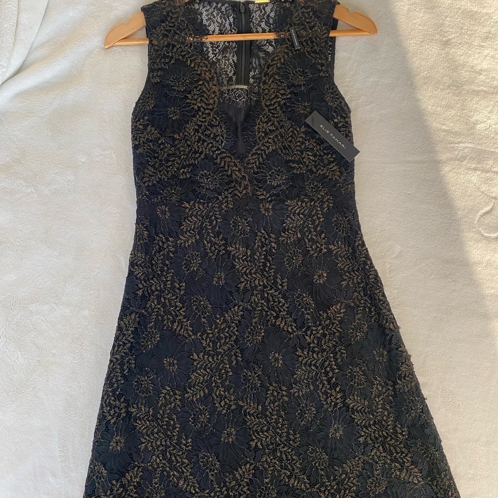 Elie Tahari Black and Gold Floral Lace Midi Dress